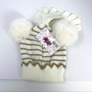 OMG Pom Pom beanie stiped faux fur with gloves